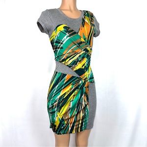 BCBG Maxazria Women’s S Bodycon Stretch Green Tide Multi Jersey Dress Short Slv